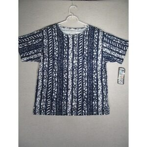 NWT‎ GINA PETERS Womens Medium Artisan Stripe Tee Folk Nautical Print Made USA